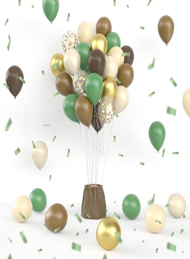 Janinus 64 Pcs Sage Green Brown Balloons Sets - 12 Inch Green Gold Confetti Balloons Jungle Safari Dark Brown Khaki Nude Balloon for Woodland Baby Shower Hunting Birthday Decorations - Image 1