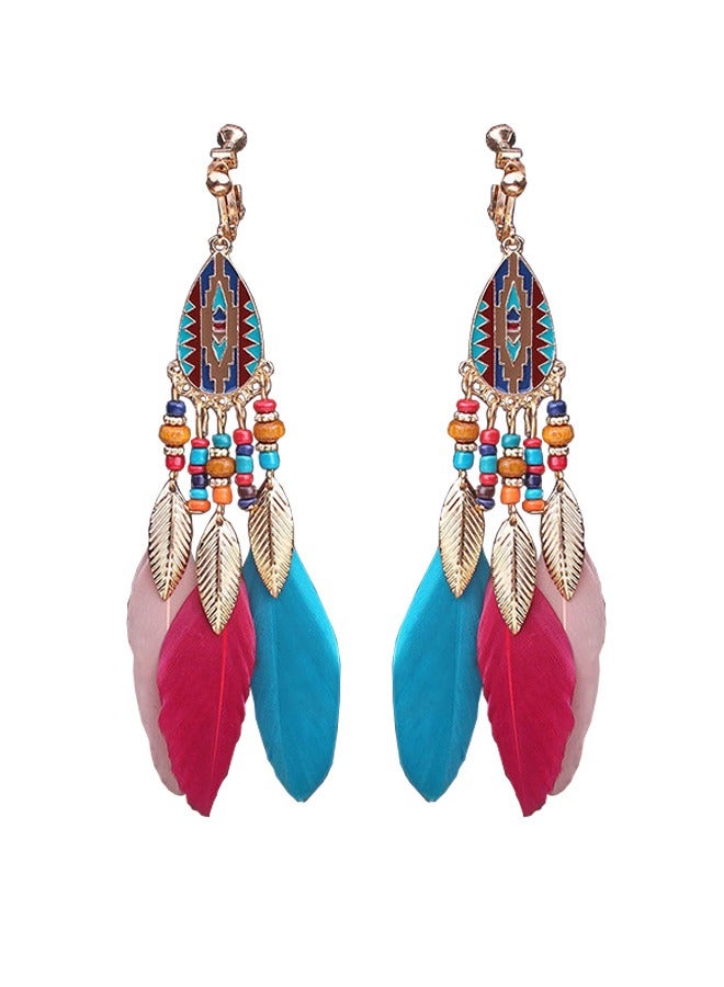 1 Pair Fringe Feather Earrings with Beads Long Retro Bohemian Leaf Pendant Ear Clips Stylish Fashion Piercing Free Earrings for Women Girl  - Image 1