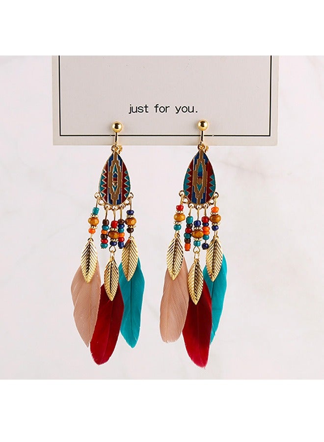 1 Pair Fringe Feather Earrings with Beads Long Retro Bohemian Leaf Pendant Ear Clips Stylish Fashion Piercing Free Earrings for Women Girl  - Image 4