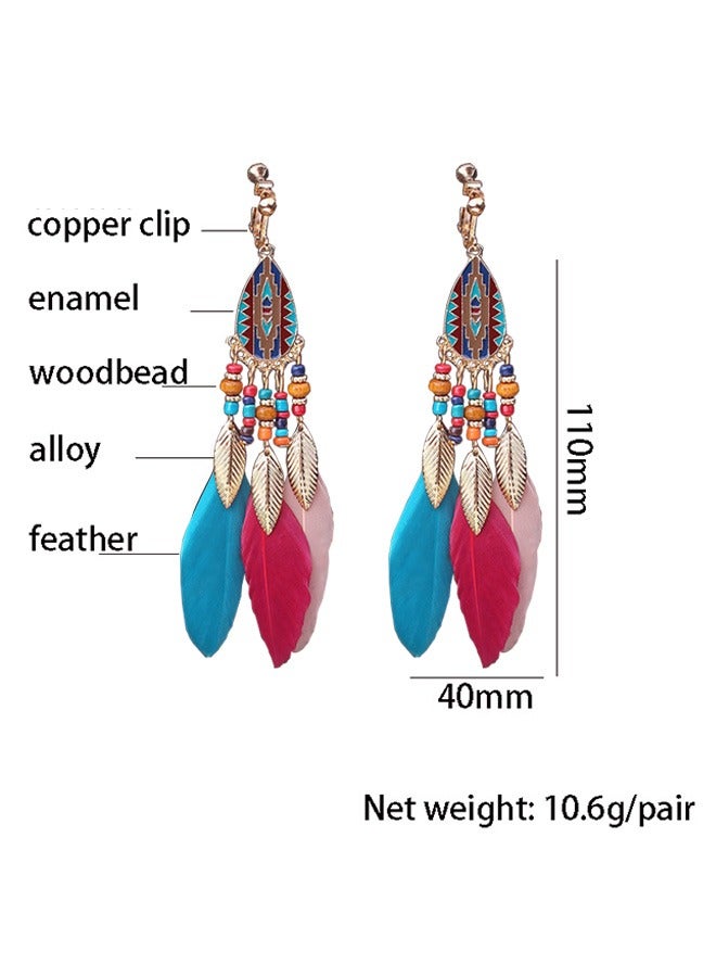 1 Pair Fringe Feather Earrings with Beads Long Retro Bohemian Leaf Pendant Ear Clips Stylish Fashion Piercing Free Earrings for Women Girl  - Image 2
