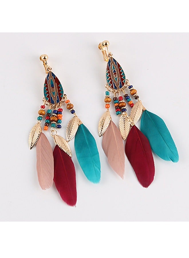 1 Pair Fringe Feather Earrings with Beads Long Retro Bohemian Leaf Pendant Ear Clips Stylish Fashion Piercing Free Earrings for Women Girl  - Image 3