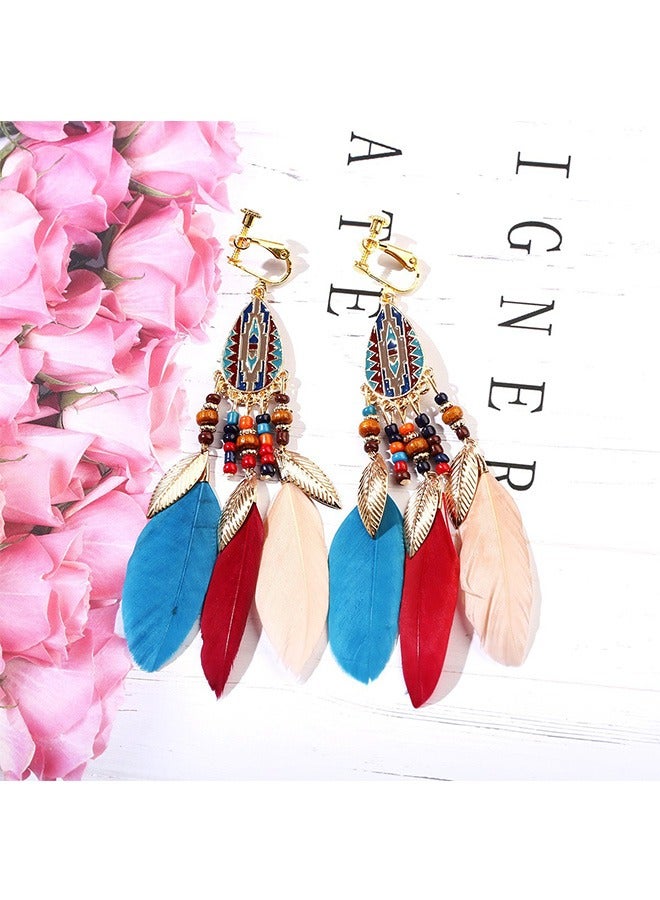 1 Pair Fringe Feather Earrings with Beads Long Retro Bohemian Leaf Pendant Ear Clips Stylish Fashion Piercing Free Earrings for Women Girl  - Image 5