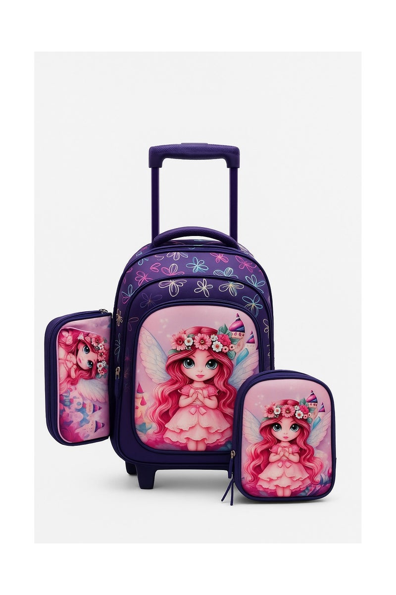 مجموعة شنطة مدرسية فاخرة بعجلات للأطفال – 3 قطع (شنطة بعجلات + حقيبة طعام + مقلمة) – تصميم عصري للبنات والأولاد - Image 1