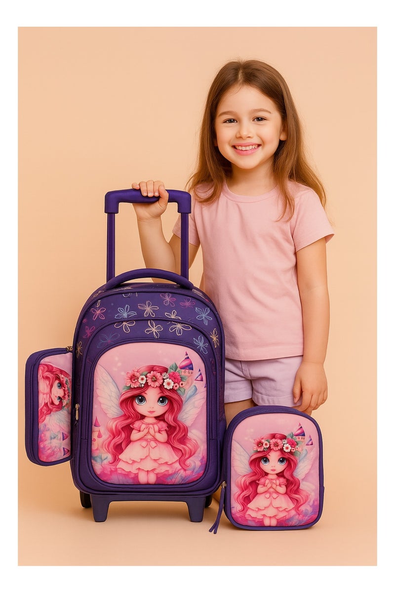 مجموعة شنطة مدرسية فاخرة بعجلات للأطفال – 3 قطع (شنطة بعجلات + حقيبة طعام + مقلمة) – تصميم عصري للبنات والأولاد - Image 2