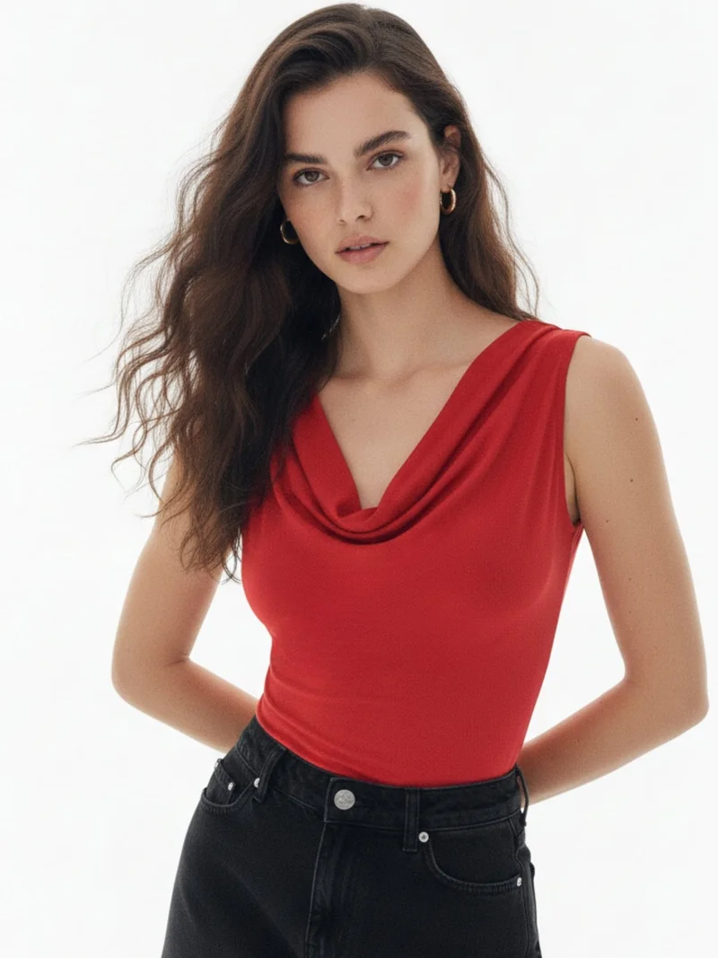 Outzidr  Red Solid Cowl Drapey Top  | Best Price UAE