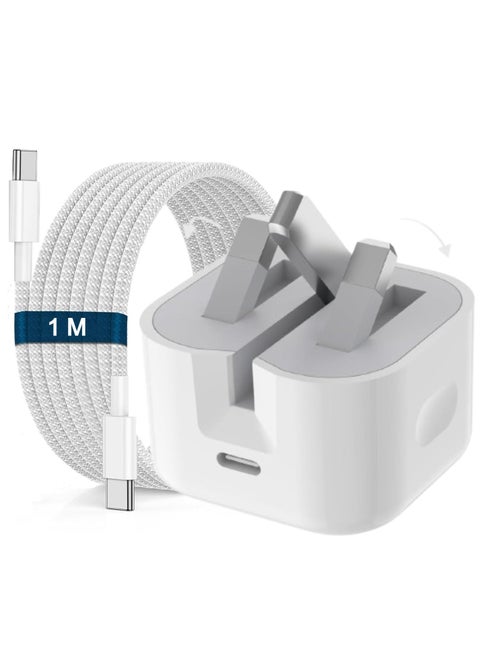 20W PD iPhone Charger Adapter, Fast Charger Plug with USB Type C to Type C Cable 1M, Compatible with Smartphones Tablets Laptops iPhone 16 15 Pro Max Plus iPad Samsung Galaxy S Pixel