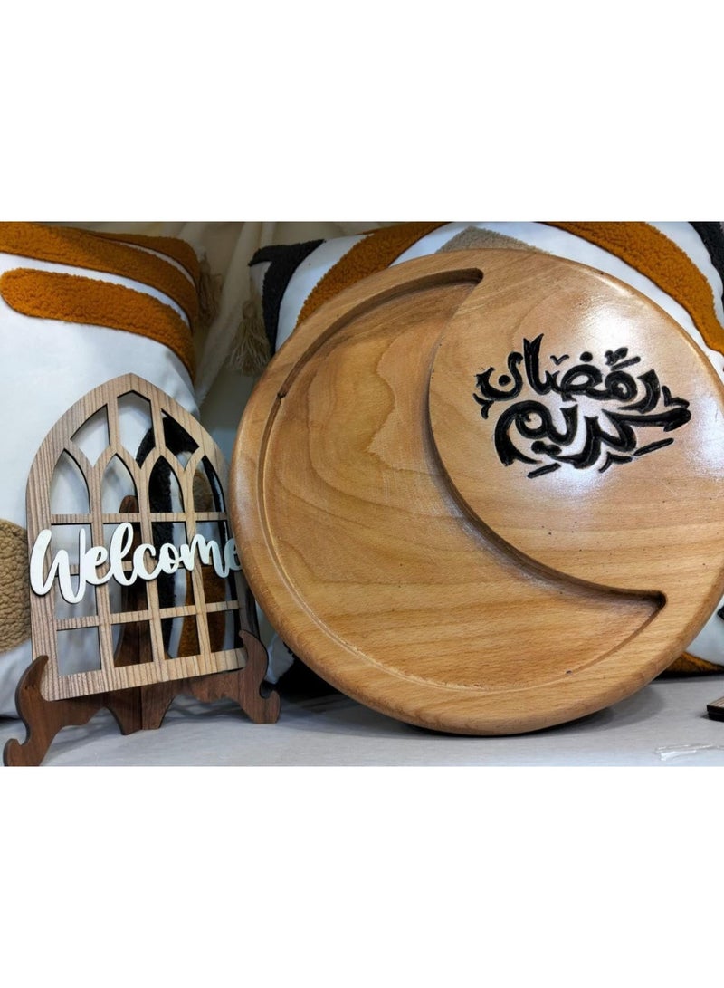 Luxury Ramadan serving tray – High-quality beech wood – 30 cm diameter – Engraved with "Ramadan Kareem" – Ideal for drinks, coffee, and dates - Image 5
