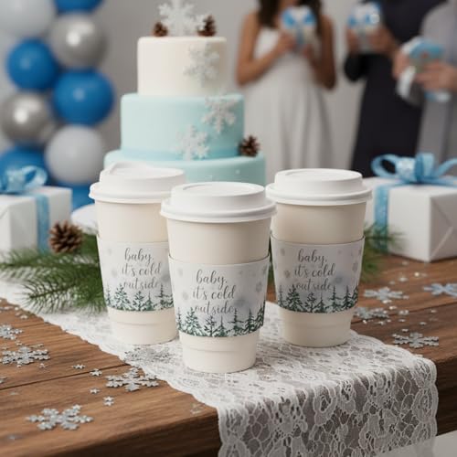 FoldTier 30 Pcs Winter Baby Shower Supplies Baby Its Cold Outside Party Coffee Cup Sleeves Winter Disposable Coffee Sleeves for Hot Cocoa Birthday Woodland Party Supplies - Image 3