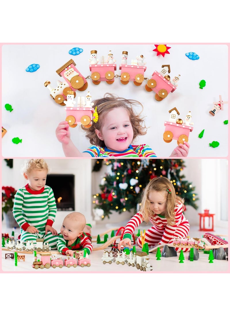 Syhood Syhood 4 Pcs Pink Christmas Wooden Train Mini Painted Train Decoration Around Tree for Kids Wooden Desktop Ornament for Xmas Party Winter Festival Gift  - Image 4