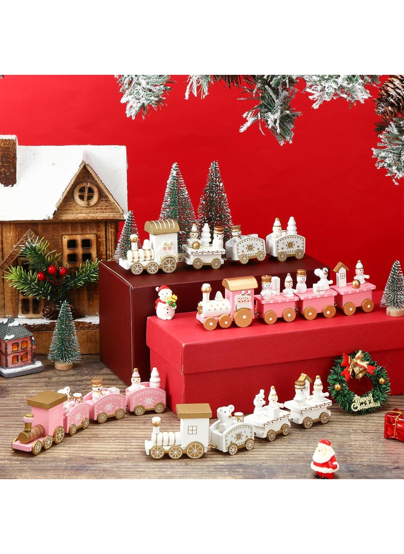 Syhood Syhood 4 Pcs Pink Christmas Wooden Train Mini Painted Train Decoration Around Tree for Kids Wooden Desktop Ornament for Xmas Party Winter Festival Gift  - Image 3