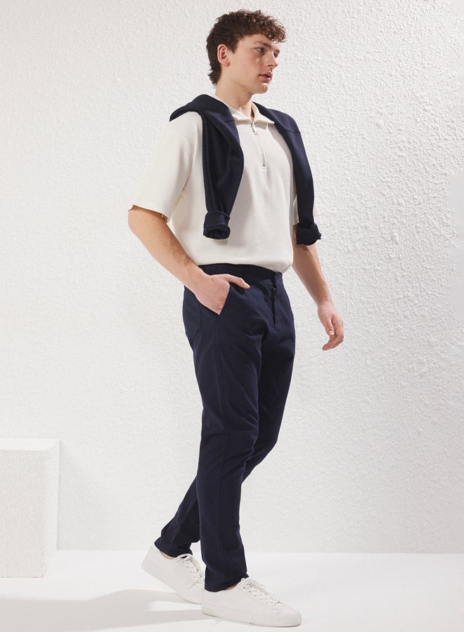 trendyol Navy Blue Regular/Normal Fit 100% Cotton Special Texture Comfortable Trousers - Image 4