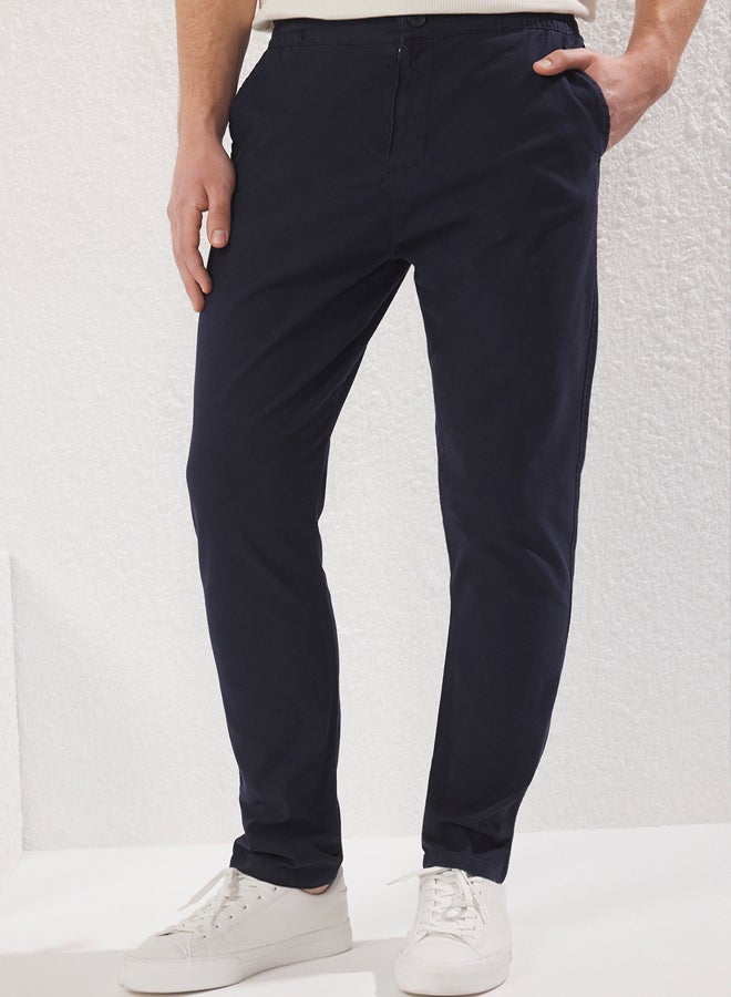 trendyol Navy Blue Regular/Normal Fit 100% Cotton Special Texture Comfortable Trousers - Image 2