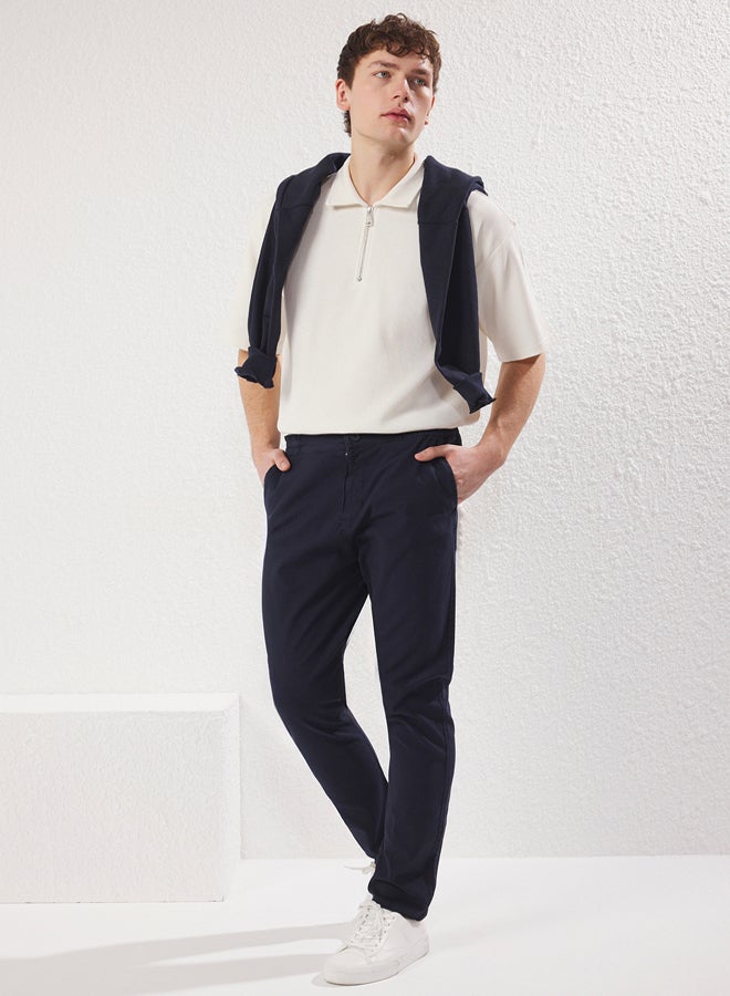 trendyol Navy Blue Regular/Normal Fit 100% Cotton Special Texture Comfortable Trousers - Image 1