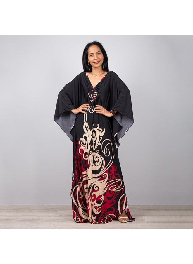 إسكدنيا تنورة الشاطئ الأوروبية والأمريكية الطويلة فضفاضة بالإضافة إلى حجم كبير، ملابس خارجية بي، بلوزة ملفوفة، تنورة ملفوفة، حجاب، ملابس للحماية من الشمس - اللون: 78693-10 خطوط بيج أحمر - - Image 1