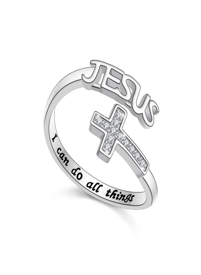 Flyow Cross Ring 925 Sterling Silver Engraved I Can Do All Things Jesus Cross CZ Ring Baptism First Communication Jewelry for Women, Size 8 - Image 1