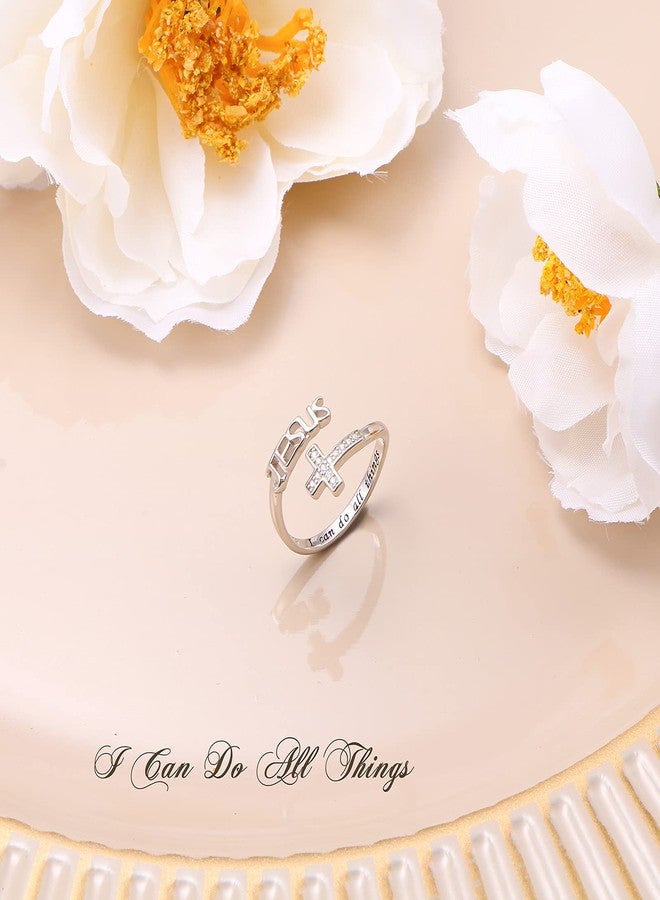 Flyow Cross Ring 925 Sterling Silver Engraved I Can Do All Things Jesus Cross CZ Ring Baptism First Communication Jewelry for Women, Size 8 - Image 3