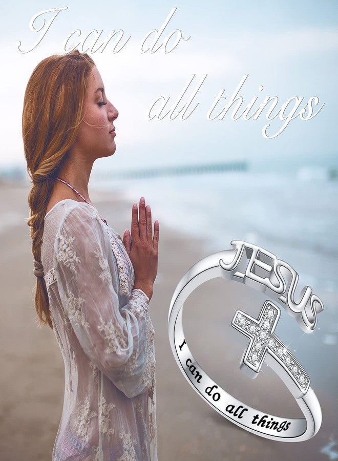 Flyow Cross Ring 925 Sterling Silver Engraved I Can Do All Things Jesus Cross CZ Ring Baptism First Communication Jewelry for Women, Size 8 - Image 4