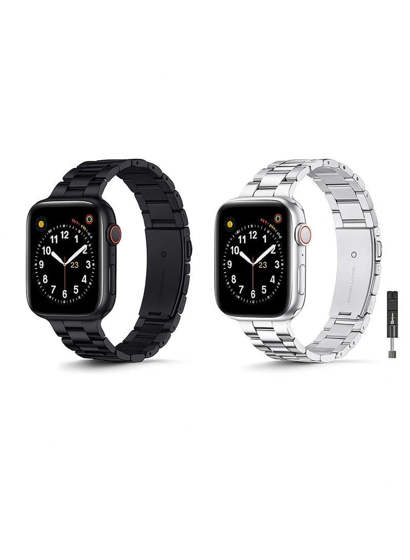 O Ozone (Pack of 2) Thin Metal Bands Compatible With Apple Watch Series 10 | 9 | 8 | 7 | 6 | SE | 5 | 4 | 3 | 2 |1, 38/40/41/42mm Premium Stainless Steel Metal Replacement Adjustable Straps for Women- Black/Silver - Image 1