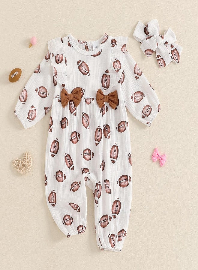 Lenjindjer Newborn Baby Girl Football Outfit Rugby Print Ruffle Jumpsuit Puff Sleeve Linen Romper Headband Fall Clothes 0-12M (White, 3-6 Months) - Image 2
