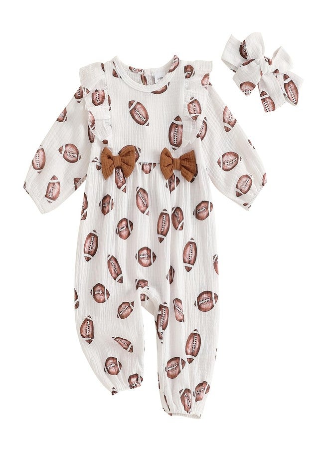 Lenjindjer Newborn Baby Girl Football Outfit Rugby Print Ruffle Jumpsuit Puff Sleeve Linen Romper Headband Fall Clothes 0-12M (White, 3-6 Months) - Image 1