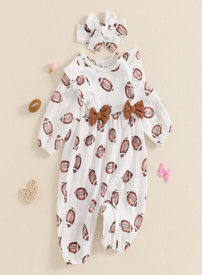 Lenjindjer Newborn Baby Girl Football Outfit Rugby Print Ruffle Jumpsuit Puff Sleeve Linen Romper Headband Fall Clothes 0-12M (White, 3-6 Months) - Image 3
