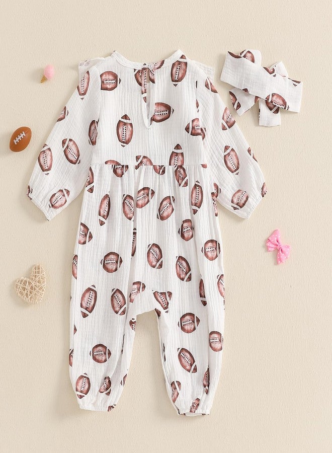 Lenjindjer Newborn Baby Girl Football Outfit Rugby Print Ruffle Jumpsuit Puff Sleeve Linen Romper Headband Fall Clothes 0-12M (White, 3-6 Months) - Image 4
