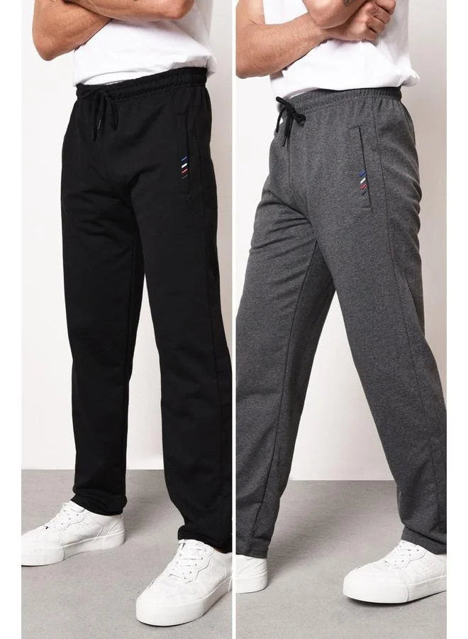 Mmetalic Black-Anthracite Men's 2-Pack Sweatpants with Zipper Pocket and Embroidery Detail, Straight Leg, Relaxed Fit