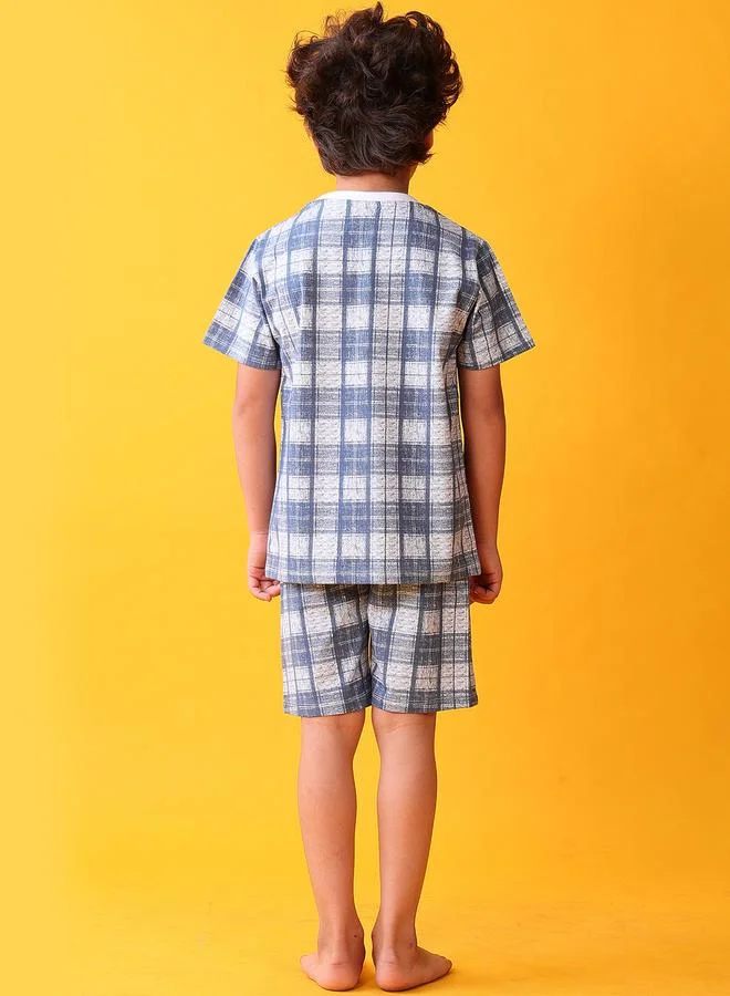 انثريلو طقم من تيشيرت قطني بنقشة مربعات زرقاء مع شورت