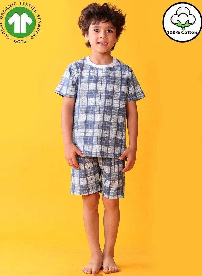 انثريلو طقم من تيشيرت قطني بنقشة مربعات زرقاء مع شورت