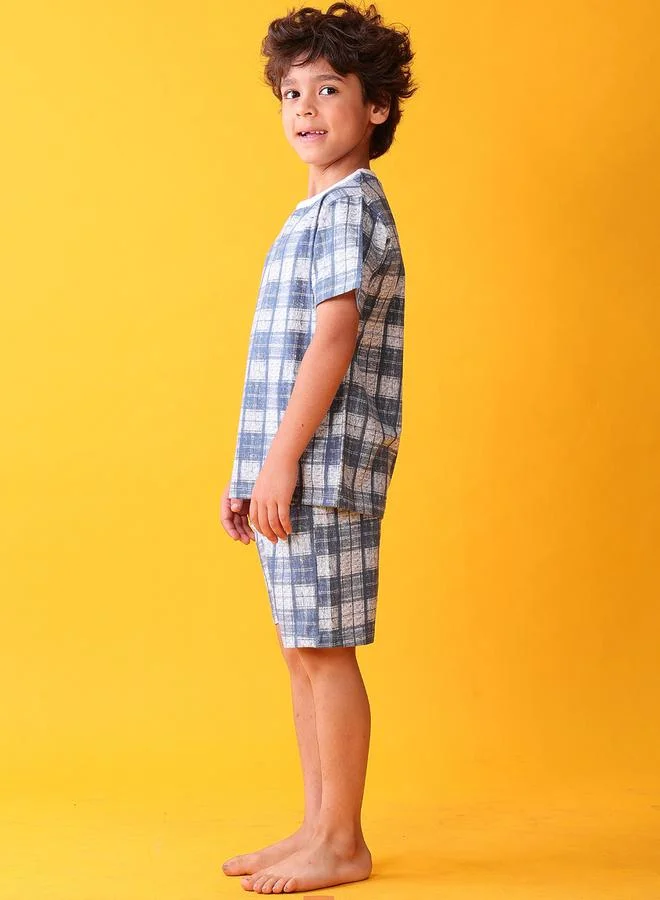 Anthrilo Kids Blue Checkered Cotton T-Shirt and Shorts Set