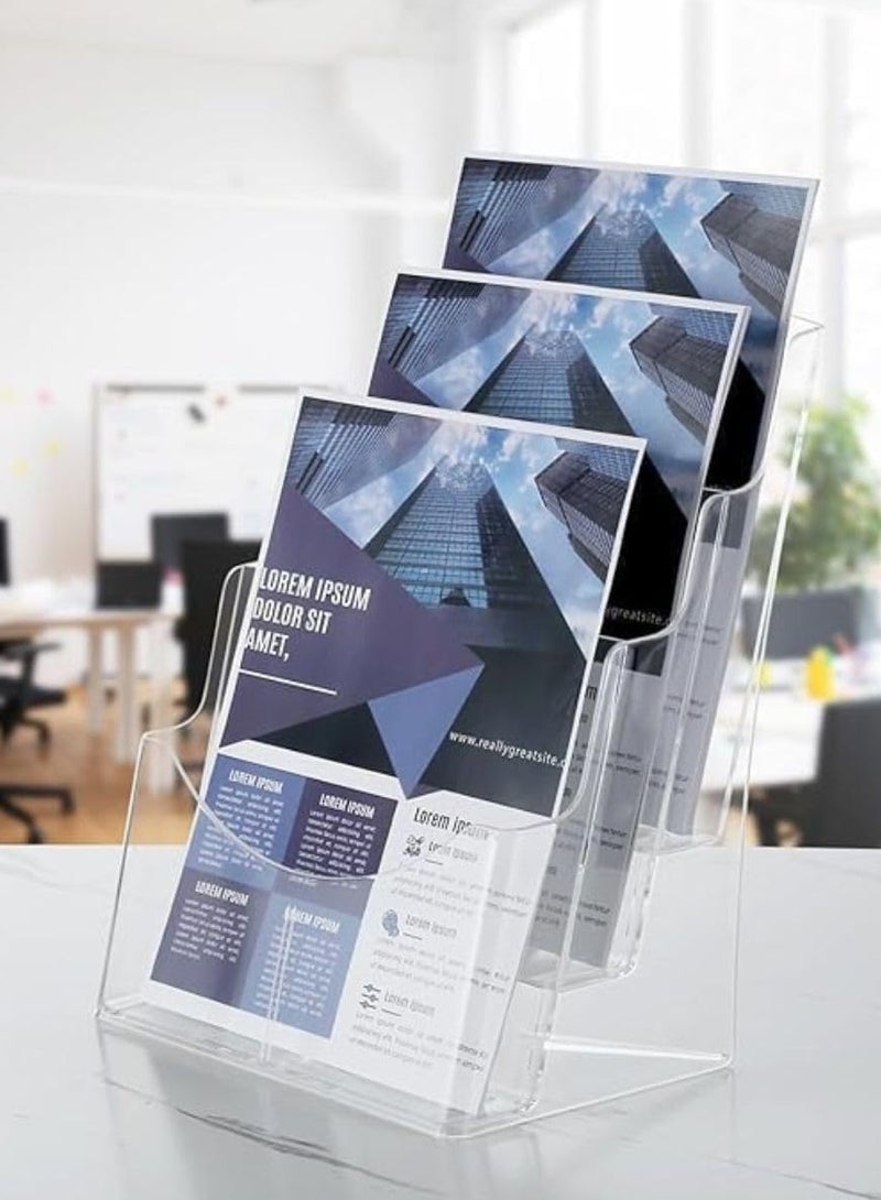 MARKQ [3 طبقات] حامل كتيبات أكريليك - حامل منشورات وفليرات شفاف لعرض الكتيبات والمستندات والأدبيات، حامل للتثبيت على الحائط أو الطاولة - Image 2
