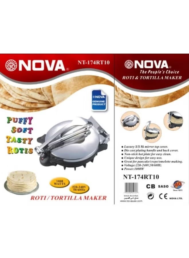 Nova NT-174RT10 Electric Roti Maker 1000W, Non-Stick Hot Plate with Stainless Steel Mirror Finish Cover, Fast Heating Flatbread Maker for Roti, Chapati, Tortilla, Pancake and Omelette - Image 1