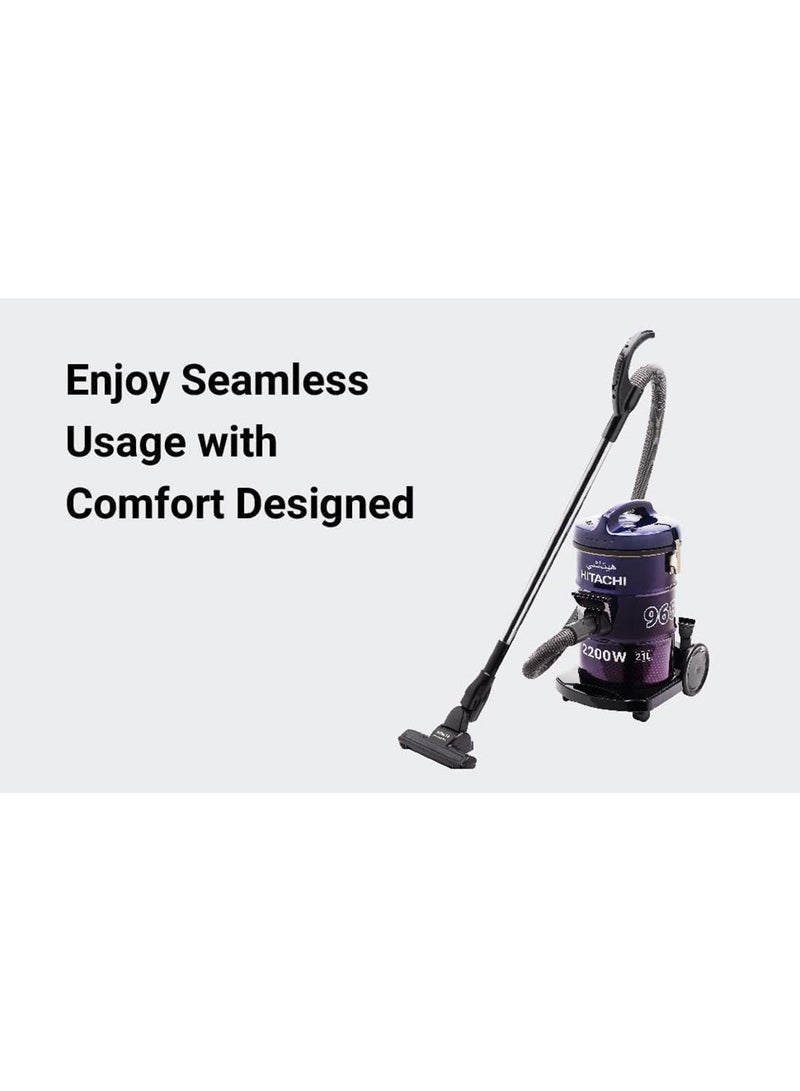 HITACHI Drum Vacuum Cleaner 2200 Watts, 21L Tank Dust Capacity, Aero Power Brush to Clean Efficiently, Metal Pipe, Dusting Brush & Crevice Nozzle, Washable Filter, Best for Home & Office 2200 W CV965NBLGCM ‎Blue/Purple - Image 4