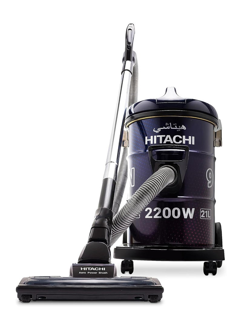 HITACHI Drum Vacuum Cleaner 2200 Watts, 21L Tank Dust Capacity, Aero Power Brush to Clean Efficiently, Metal Pipe, Dusting Brush & Crevice Nozzle, Washable Filter, Best for Home & Office 2200 W CV965NBLGCM ‎Blue/Purple - Image 1
