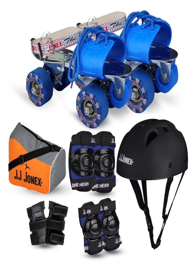 Jonex JJ JONEX Attack Adjustable Skates Combo with Helmet, Knee Pad, Elbow Pad, Gloves, Key, and Bag - Black/Blue (Age 6-11, Medium) - Image 1