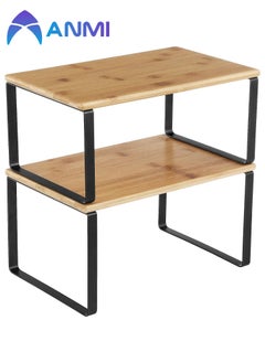 Anmi 2 pieces Cabinet Organizer Shelf, Spice Rack for Kitchen Storage,Stackable, Expandable, Metal and Engineered Wood, Black and Natural  - Image 1