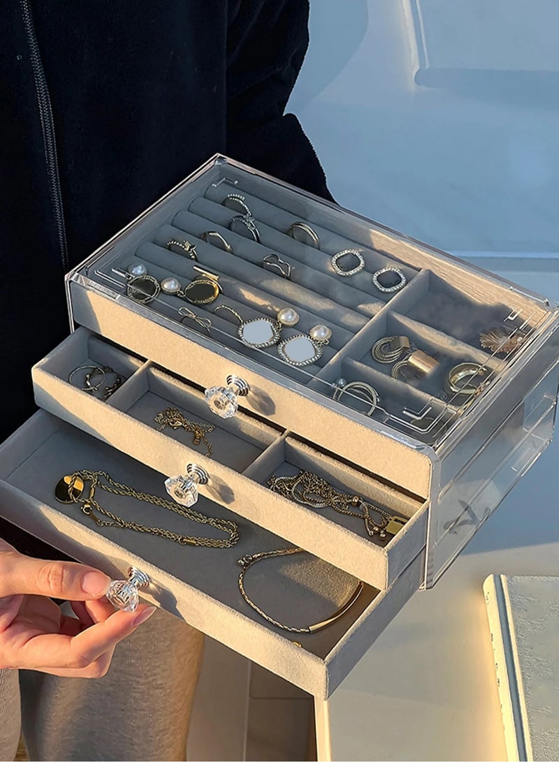 Luxury Acrylic Jewelry Box – Transparent Adjustable Organizer with 3 Drawers – Anti-Oxidation Storage for Earrings, Necklaces, Rings & Cosmetics – Grey Color, Perfect Gift for Travel & Valentine's Day  - Image 1