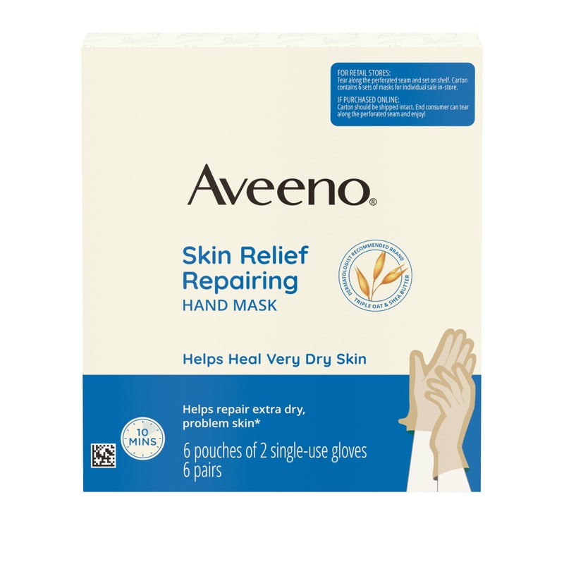 Aveeno Skin Relief Repairing Hand Mask, Moisturizing Gloves with Prebiotic Oat & Shea Butter for Very Dry Skin, Hand Care for Sensitive Skin, Fragrance-Free, Value Pack, 6 Pairs of Single-Use Gloves - Image 1