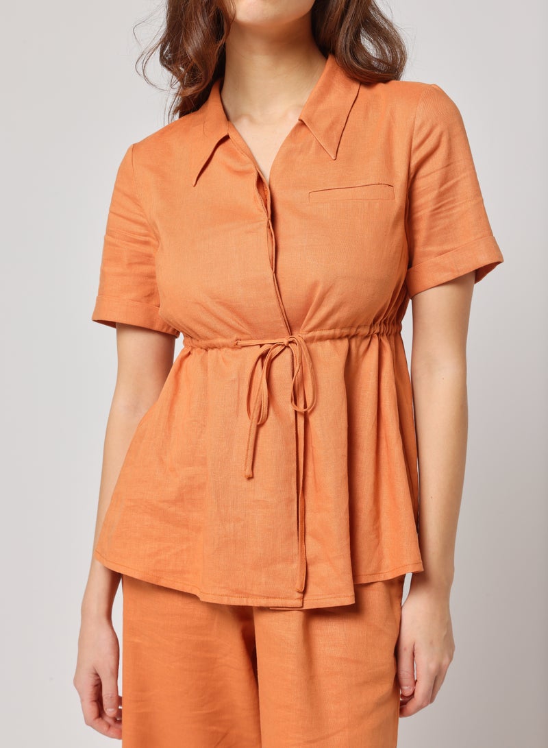 Ashita Fernandes Ashita Fernandes Kahaani Orange Top for Women – Cropped Tailored Silhouette in Premium Linen Blend | Sharp Collar, Button-Up & Flared Sleeves | Modern Minimalist Vintage-Inspired Statement  - Image 1