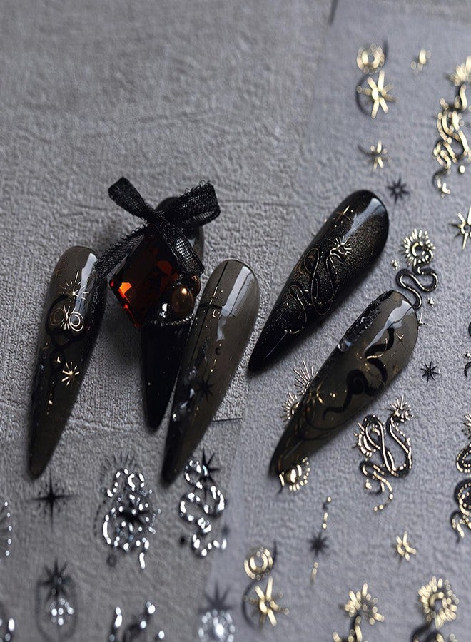Jremg Snake Nail Art Stickers Gold Star Black Snake Nail Decals 3D Self-Adhesive Laser Sun Starlight Nail Design Y2K Shiny Horror Snake Nail Supplies Snake Print Nails Foils for Women Nails Manicure - Image 4