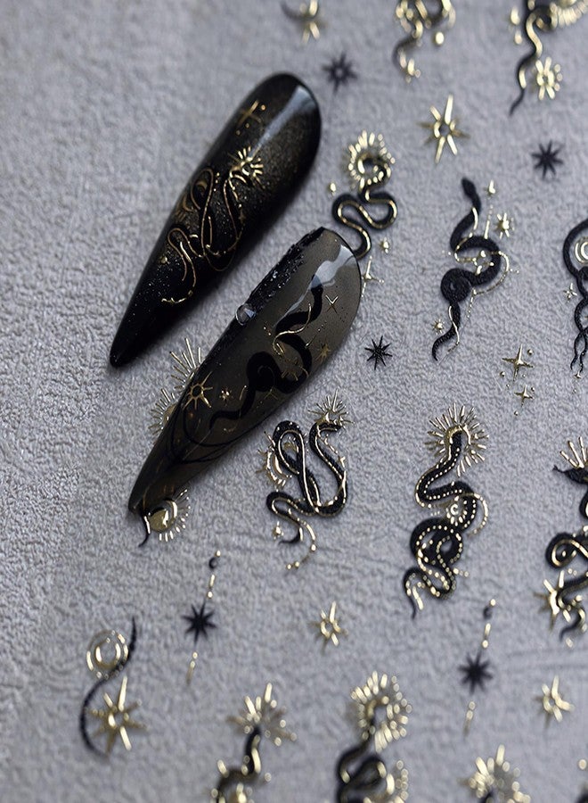 Jremg Snake Nail Art Stickers Gold Star Black Snake Nail Decals 3D Self-Adhesive Laser Sun Starlight Nail Design Y2K Shiny Horror Snake Nail Supplies Snake Print Nails Foils for Women Nails Manicure - Image 2