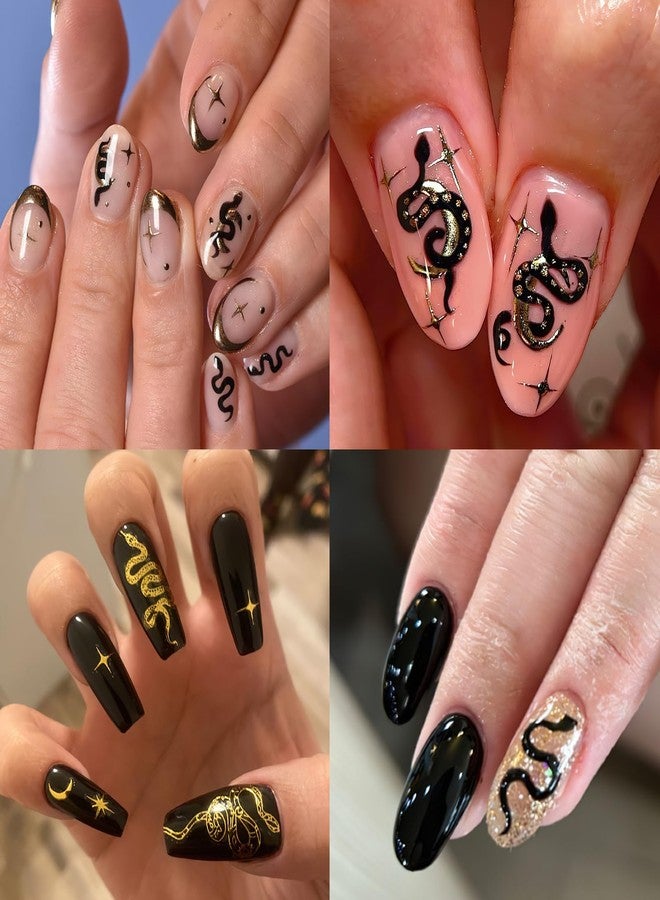 Jremg Snake Nail Art Stickers Gold Star Black Snake Nail Decals 3D Self-Adhesive Laser Sun Starlight Nail Design Y2K Shiny Horror Snake Nail Supplies Snake Print Nails Foils for Women Nails Manicure - Image 5