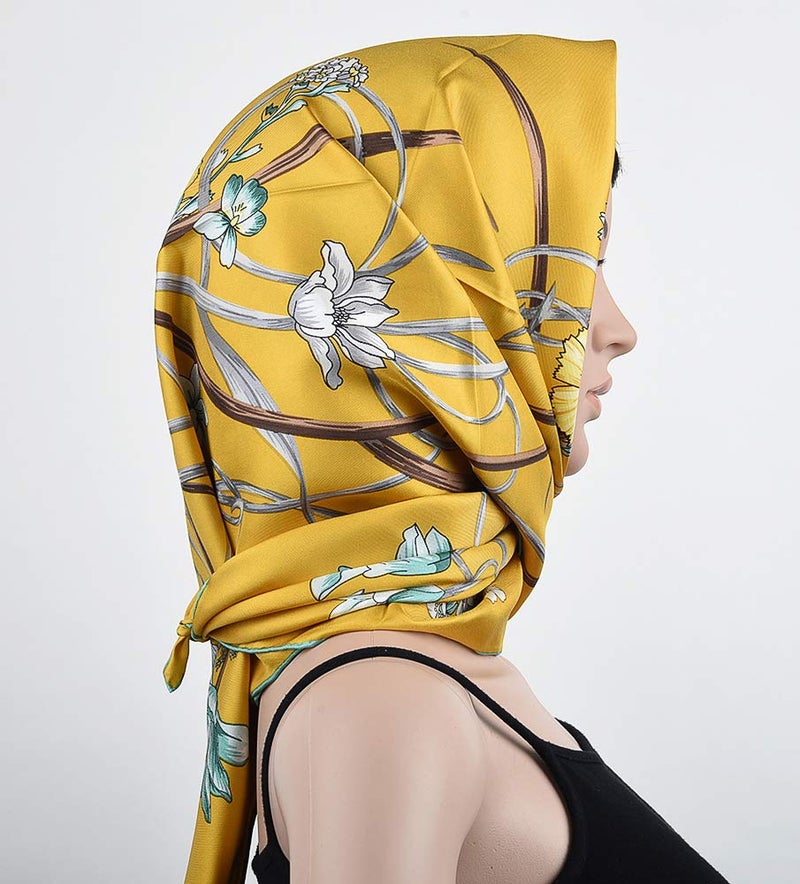 corciova Naples Yellow Flowers 35 x 35 Twill Real Silk Women Square Scarf Hair Scarf Headscarf - Image 2