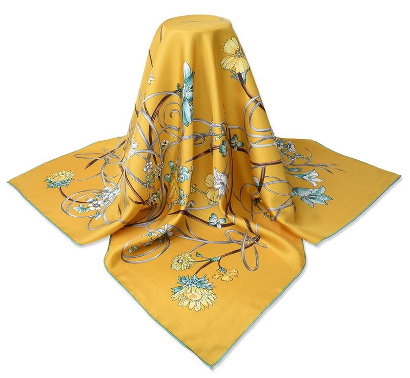 corciova Naples Yellow Flowers 35 x 35 Twill Real Silk Women Square Scarf Hair Scarf Headscarf - Image 1