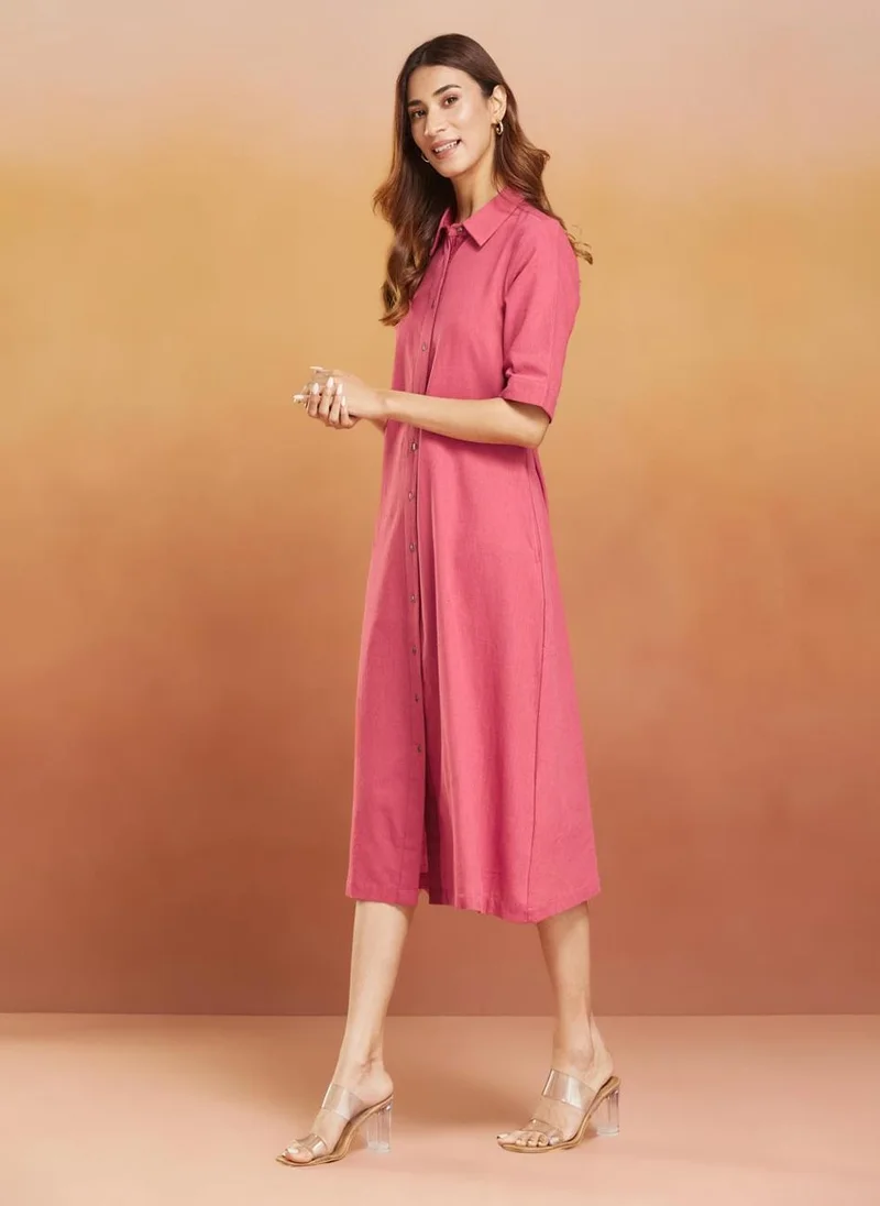 فاب انديا Red Cotton Calf Length Midi Dress
