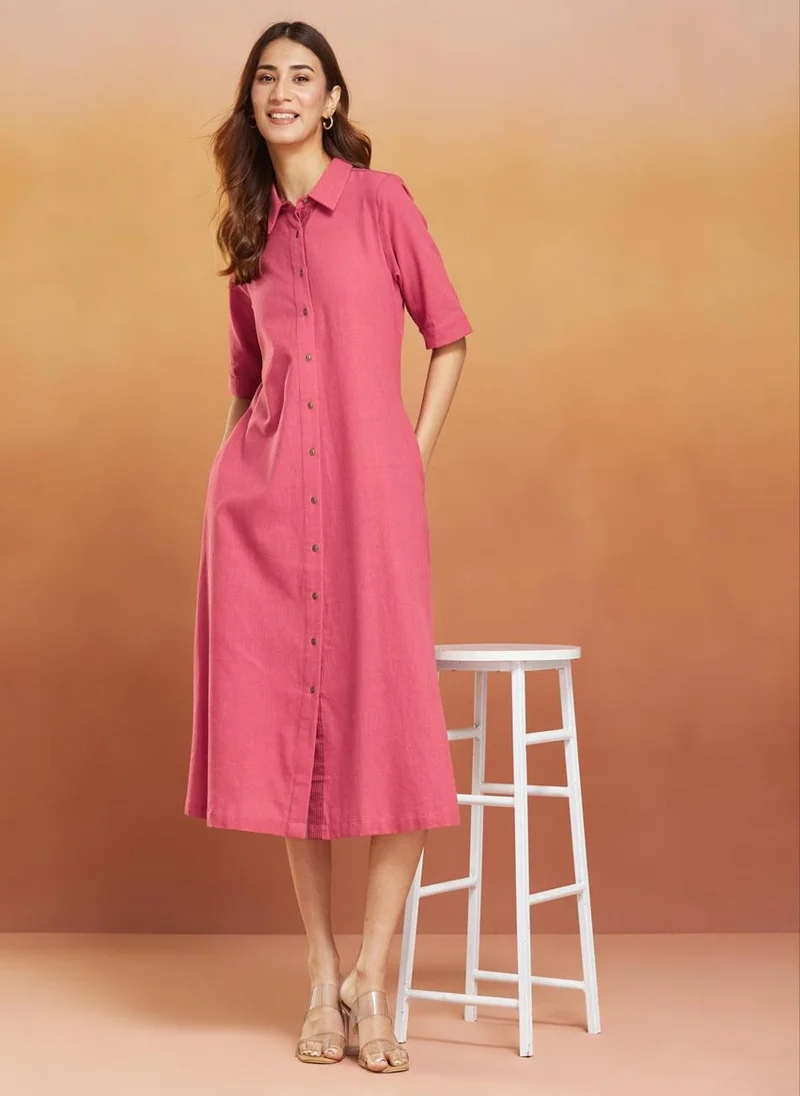 فاب انديا Red Cotton Calf Length Midi Dress