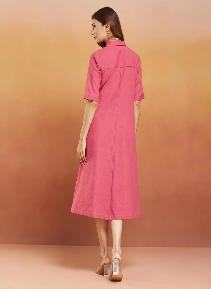 فاب انديا Red Cotton Calf Length Midi Dress