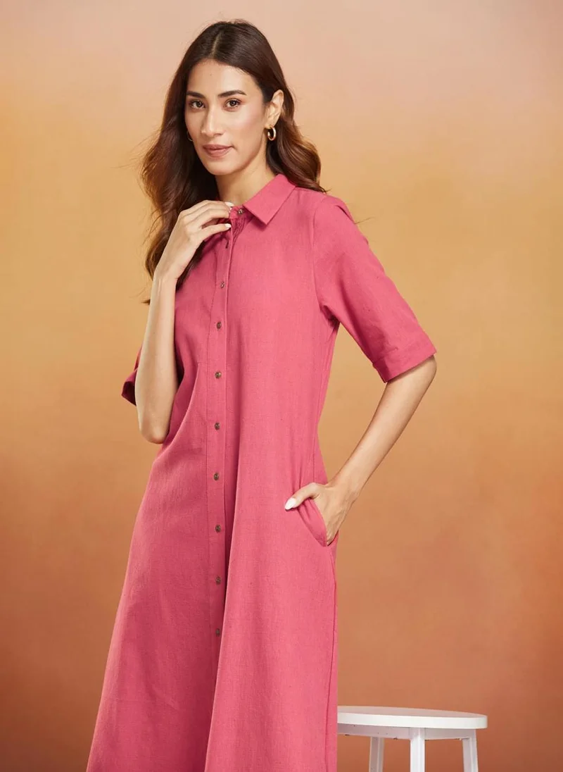 فاب انديا Red Cotton Calf Length Midi Dress