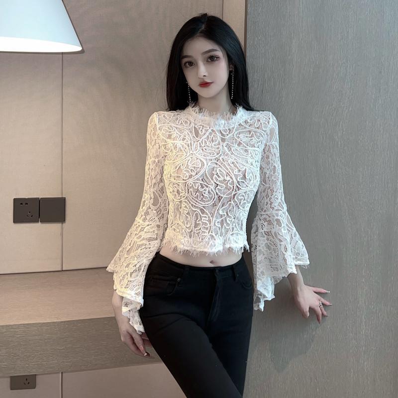 Three-dimensional Hollow-out Lace Shirt Goddess Fan Watch Foreign Style Trumpet Sleeve Scheming Perspective Short Foreign Style Long Sleeve Top Black - Image 5
