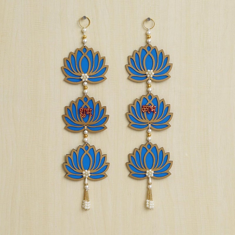 Webelkart Blue Lotus Flower with Shubh Labh Wall Hanging for Diwali Decoration| Wall Decor |Temple Decor Wall Hanging Home and Office Decor (Wood Set of 2) 16" Inches - Image 1
